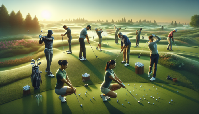 Dedicated golfers warming up on a dew-covered fairway at dawn, stretching, swinging clubs, and practicing putts under a soft sunrise glow.