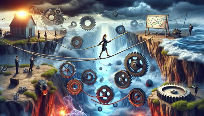 A corporate tightrope walker balances on a fraying rope over gears and mirages, guided by a glowing map in a stormy business scene.