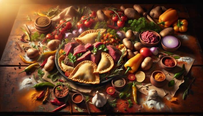 Vibrant still life of empanada ingredients: beef, lamb, potatoes, capsicum, herbs, spices, kangaroo mince, and bush tomatoes on a rustic wooden table under warm golden light.