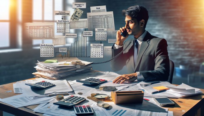 can i consolidate hmrc tax debts?: A Complete Guide | DCL A determined UK small business owner reviews HMRC tax documents at a cluttered desk, negotiating on the phone amid calculators and financial charts.