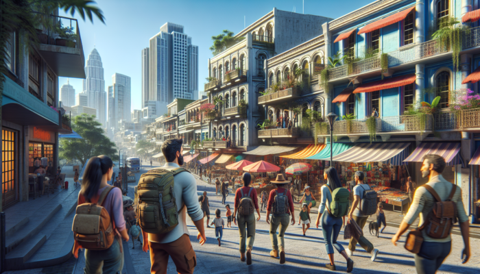 Explorers wandering through bustling city neighborhoods with vibrant markets, affordable cafes, thrift stores, and lively parks.