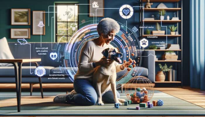 A happy dog engaged with interactive toys in a comfortable living space, receiving loving attention and positive reinforcement from its owner.