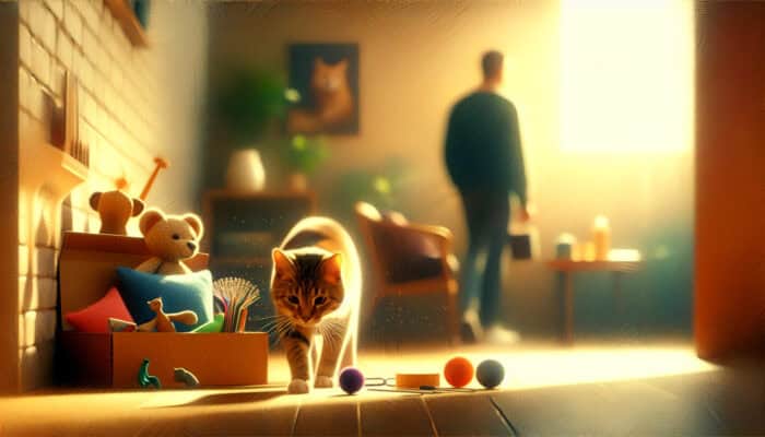 A curious cat emerges from hiding in a sunlit living room, exploring toys and furniture while an encouraging owner observes patiently.