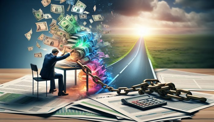 A professional advisor guides a stressed person: colourful debt bills merging into one document, chains breaking, and a bright path to financial freedom.