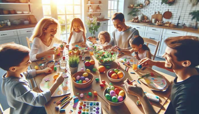Children in a sunny kitchen decorate colorful Easter eggs with crayons, mix fresh fruit salad, and set the table with smiling family.