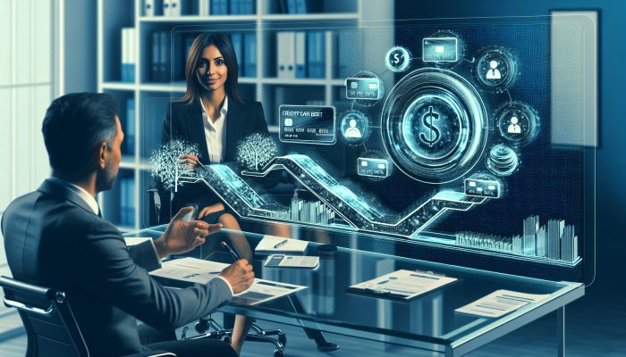 Consolidating Catalogue Debt in the UK: Essential Tips | DCL Financial advisor explaining debt consolidation, showing screen of debts merging into one loan and graphs of reduced interest rates.