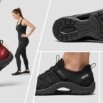 A collage of images showcases a woman in black athletic wear and Xero Shoes standing and squatting, close-ups of the shoes from the side and bottom, and a red highlight on her ankle, emphasising improved posture in one image.