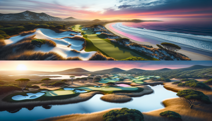 Detailed map of a rugged South African links golf course with dunes and cliffs, contrasted with a manicured parkland course featuring greens and lakes under a vibrant sunset.