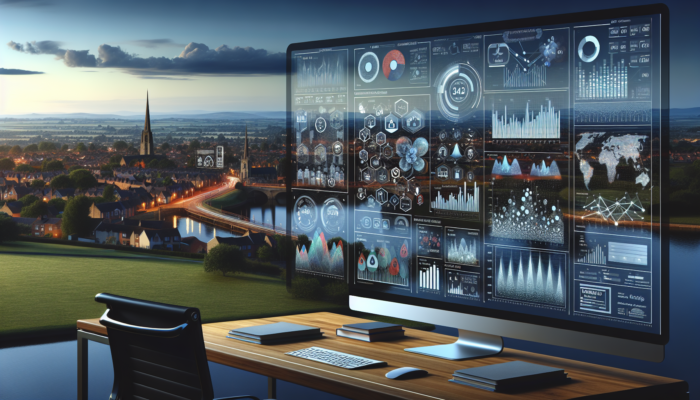 Dynamic dashboard in a modern office displaying colourful analytics metrics and audience feedback surveys against the Sherborne skyline.