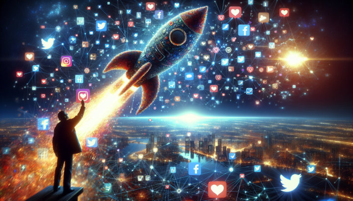 A person launches a rocket of social media icons into a vibrant digital skyline with networks, likes, and engagement paths.