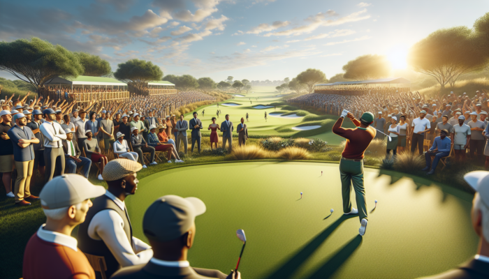 Golf influencer demonstrates swing on lush fairway at Kommetjie Open, surrounded by enthusiastic diverse crowd under sunny sky.