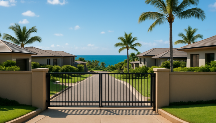 Modern gated estate in Ballito showcasing secure fencing, palm trees, and panoramic ocean views.