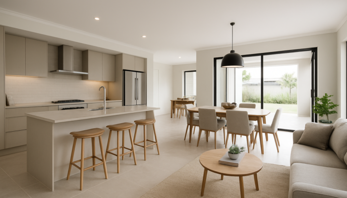 Modern Ballito home interior showcasing an open-plan layout with sleek tiled floors and a contemporary kitchen.
