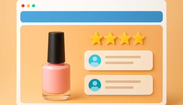 Vibrant e-commerce page for Nailsea business: central product image featuring bold star ratings and glowing customer reviews.