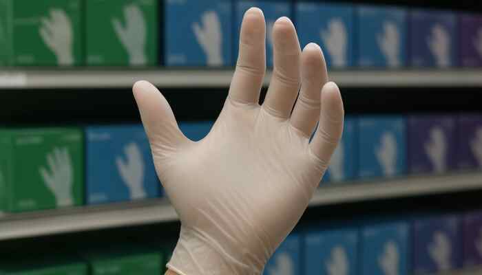Close-up of a hand in a snug Braintree vinyl glove on a retail shelf, illustrating comfort and dexterity.