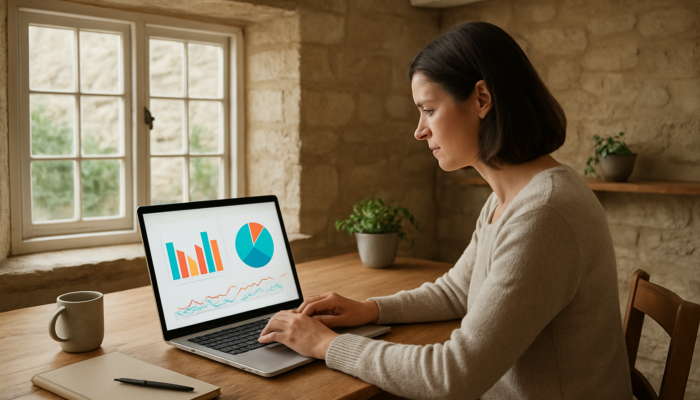 Small business owner in Painswick cottage analysing website traffic and engagement graphs on laptop.