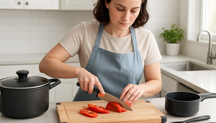 A beginner cook in a bright kitchen using a non-slip cutting board and stable, heat-resistant pots.