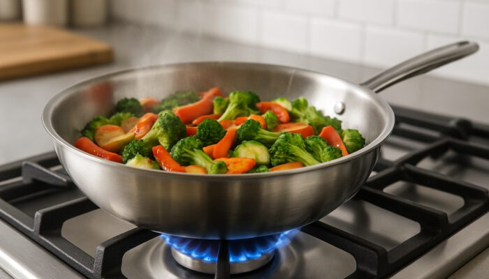 A gleaming stainless steel pan sizzling vibrant vegetables on a gas stove in a modern kitchen.