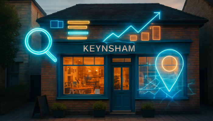 Vibrant Keynsham storefront with SEO overlays: keywords, search rankings, and Google maps.