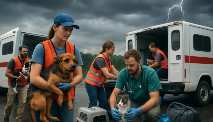 Volunteers loading dogs and cats into rescue vehicles under a stormy sky, with supplies and hotlines displayed.