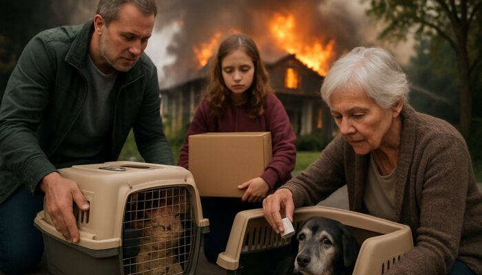 A family evacuates with a senior dog in a carrier, medications packed, and a calm cat secured in a transport box.