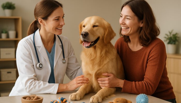 Veterinarian consulting with a pet owner and a relaxed golden retriever in a welcoming clinic surrounded by toys and treats.