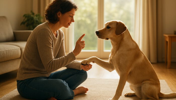 A dedicated owner training a calm dog in a sunlit room, strengthening their emotional connection.