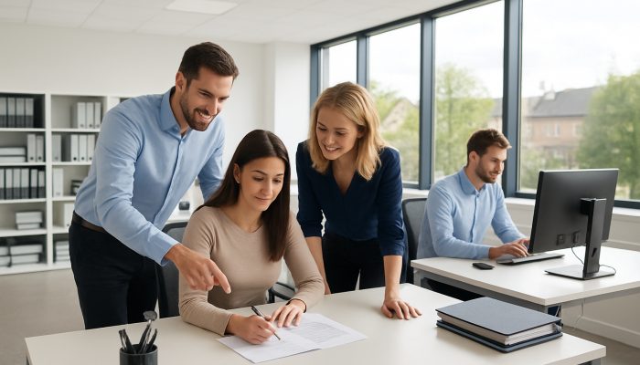 Modern office in Yeovil displaying pristine desks, organised files, and focused employees benefiting from ample natural light.