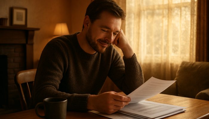 Individual reviewing consolidated debt paperwork in a comfortable British living room, reflecting relief and clarity.