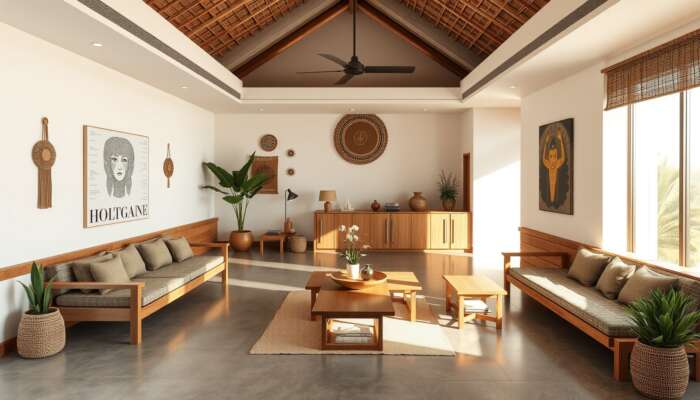 Contemporary boutique hotel lobby showcasing minimalist design, sustainable wooden furnishings, indigenous crafts, and local artwork illuminated by natural light.