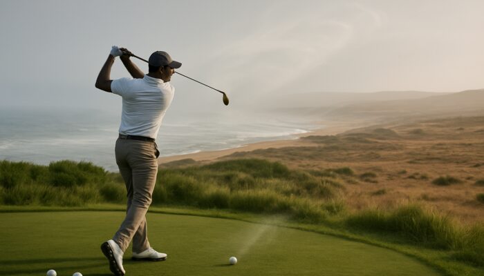 South African golfer selects low-compression balls on misty Durban coast, with contrasting Karoo plains and a ball soaring in the wind