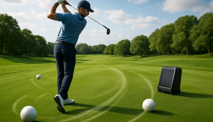 Focused golfer mid-swing on lush course with launch monitor displaying swing speed and rolling golf balls