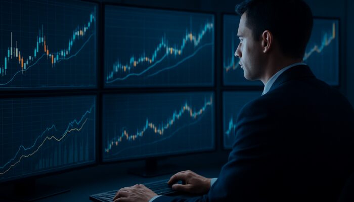 Trader executing an IOC order on vibrant screens with balanced market charts in a command centre
