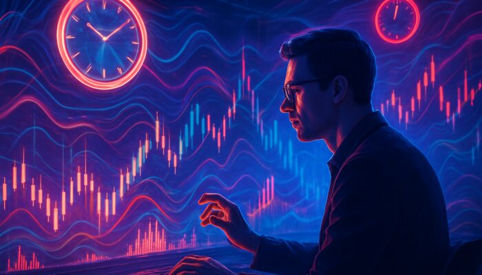 Focused trader timing an order amid holographic clocks, market depth charts, and volatility waves in a neon command centre.