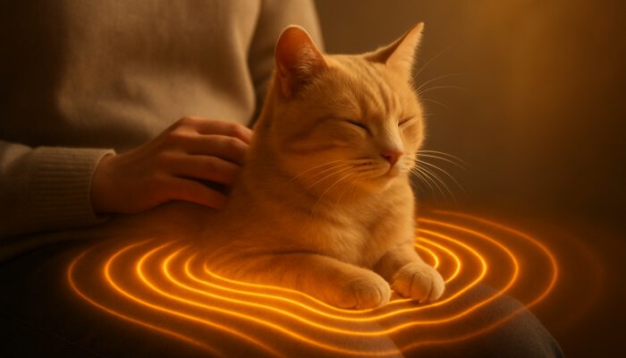 Calm cat purring on a patient's lap, emitting healing vibrations for bones and muscles.