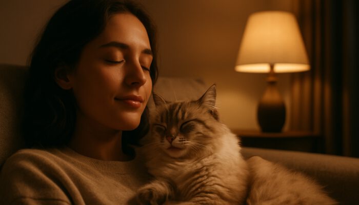 Person relaxing with a fluffy cat purring on their chest in a cozy, lamplit room