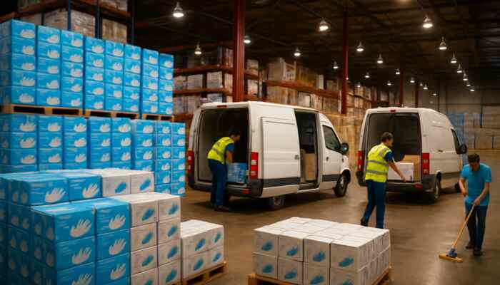 Warehouse in Hucknall filled with bulk vinyl glove boxes as delivery vans load supplies under bright lights.