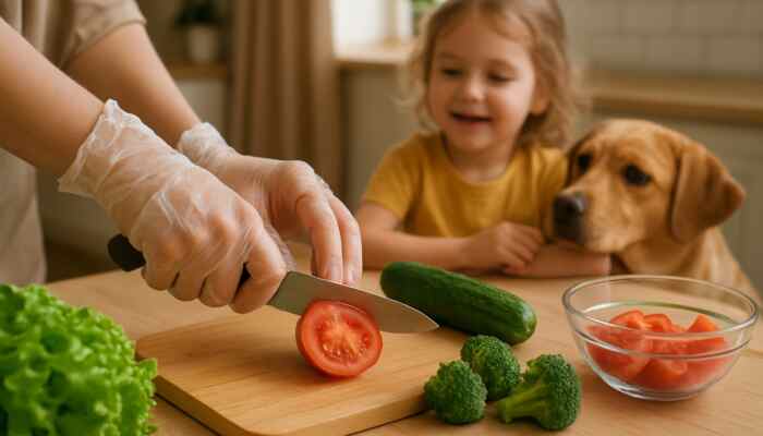 Hands wearing clear vinyl gloves preparing fresh food in a welcoming family kitchen with a child and pet nearby.