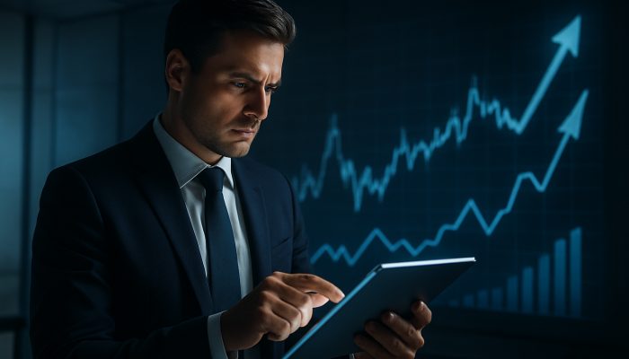 Entrepreneur analyses financial plan on a glowing tablet amid rising price charts in a sleek office