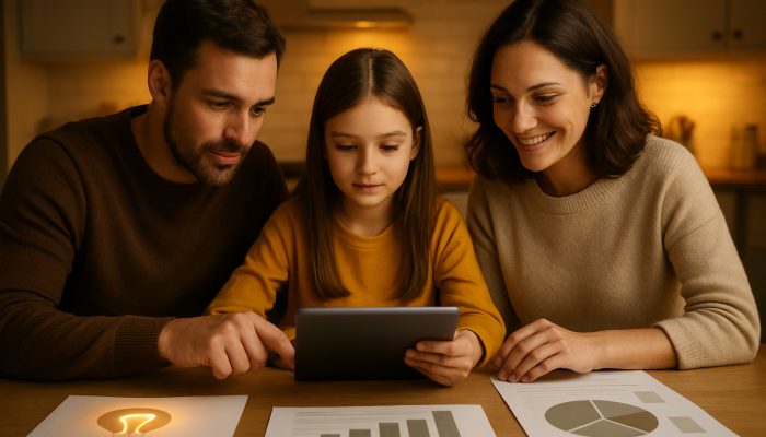 Family reviewing energy bills on a tablet at the kitchen table amid income charts for financial control