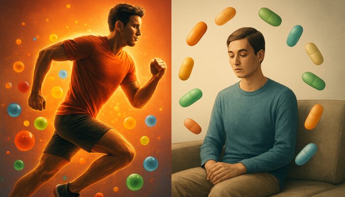 Split illustration featuring an energetic athlete with antioxidant multivitamins beside a calm sedentary figure with nutrient capsules.
