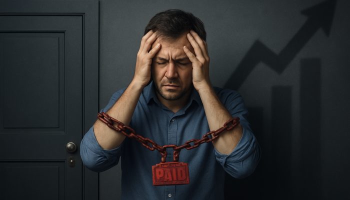 How Missed Payments Affect New Loan Chances: UK Consequences | DCL Stressed borrower constrained by missed payments, facing locked mortgage and loan opportunities along with rising insurance costs