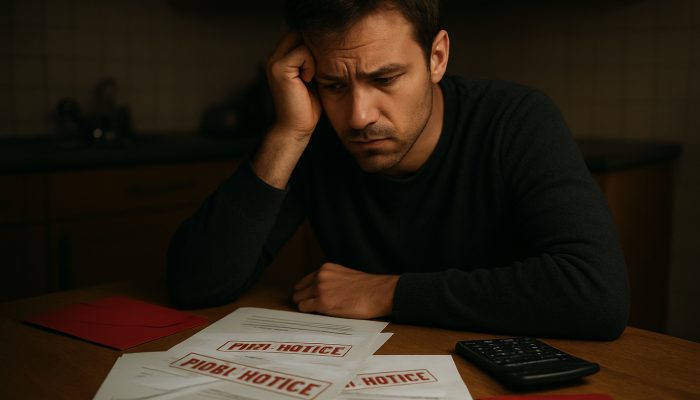 Concerned individual at dim table with overdue gas, electricity, and water bills marked final notice