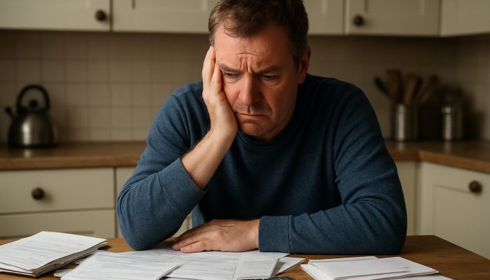 Anxious British resident at cluttered table surrounded by council tax bills and support letters