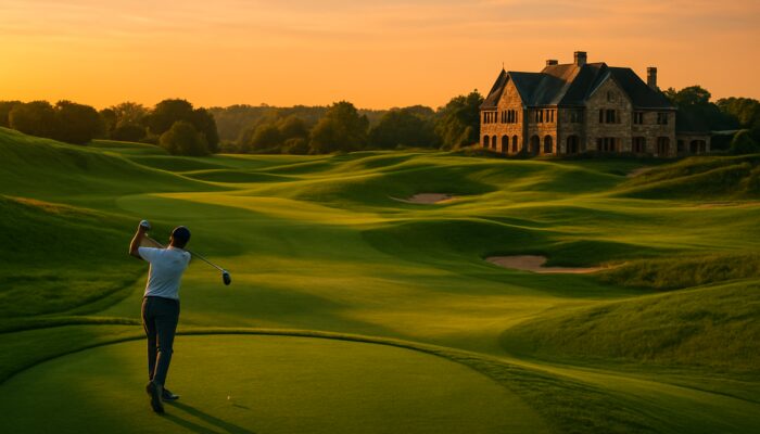 A solitary golfer teeing off at sunset on the lush fairways of King David Mowbray Golf Club