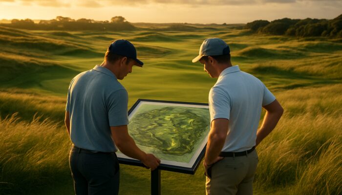 Golfers examining a windswept course map at King David Mowbray Golf Club during golden light