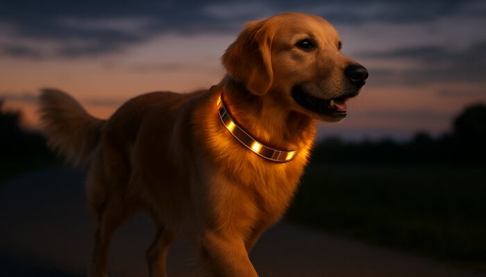 Golden retriever at dusk wearing a bright solar-powered LED collar with solar panels for visibility.