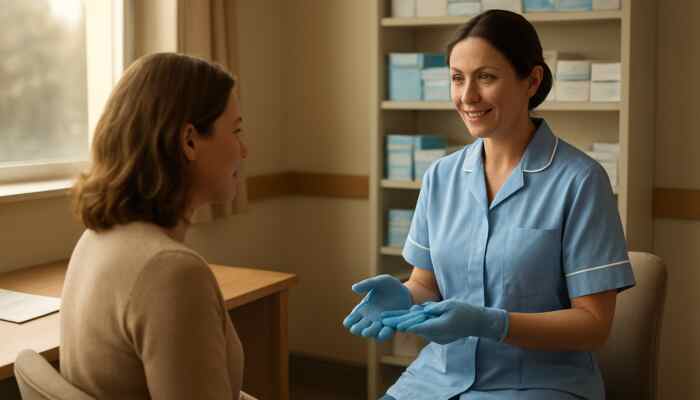 Friendly nurse advising a patient about sterile gloves in a welcoming British GP clinic with NHS shelves.