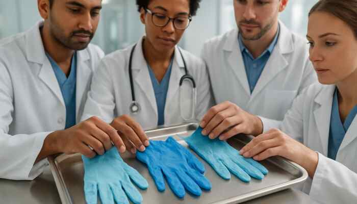 Various medical professionals examining vibrant sterile nitrile, latex, and vinyl gloves on a tray