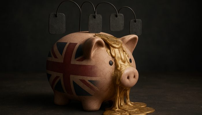 The Impact of Fees on Real Savings: A Guide for UK Savers | DCL A piggy bank in the UK with melting pound coins under fee labels, illustrating savings erosion